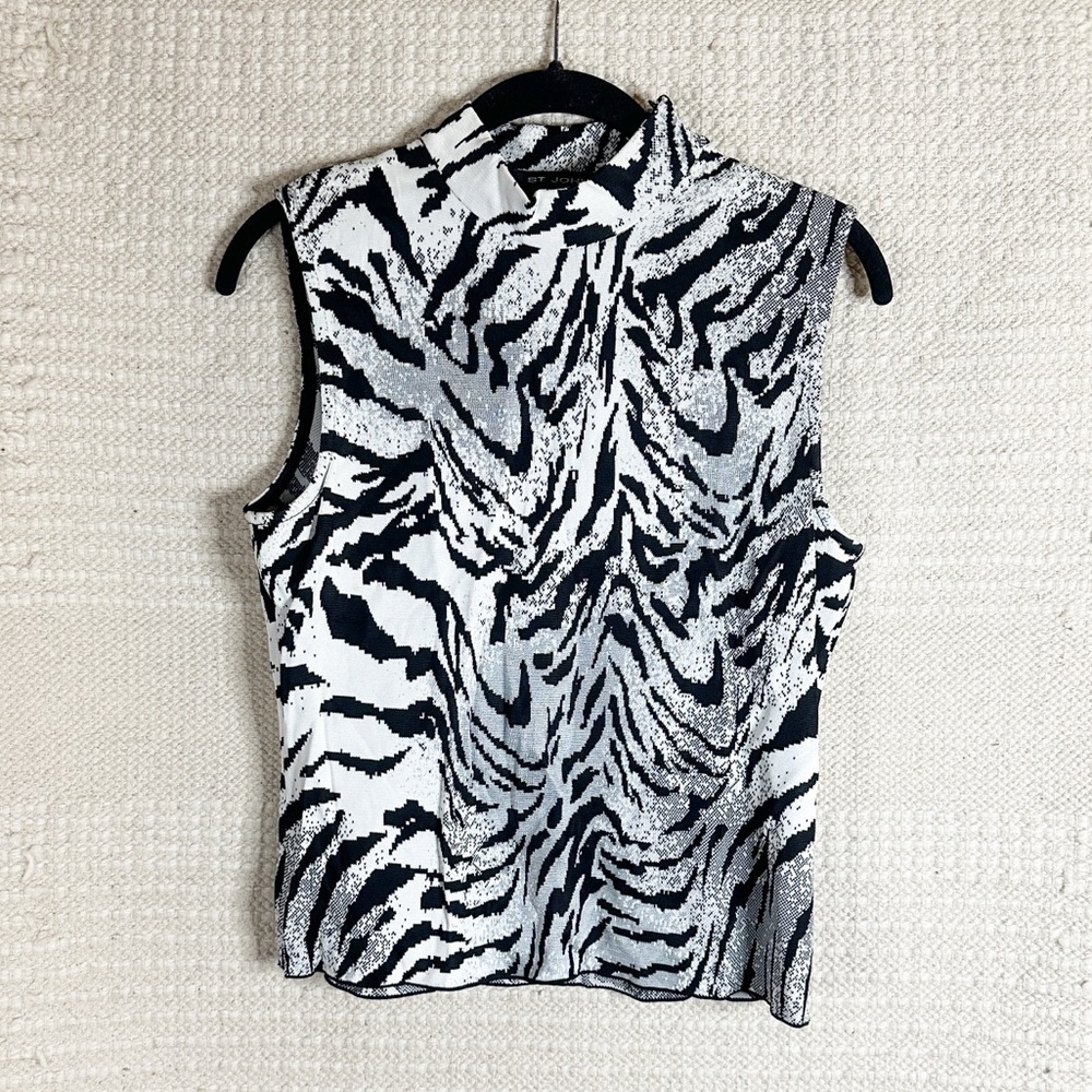 ST. JOHN black and white zebra stripe mock neck sleeveless knit top XS